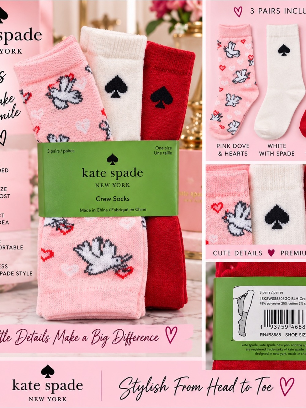kate spade New York Kids Pink, White & Red Crew Socks - 3 Pack